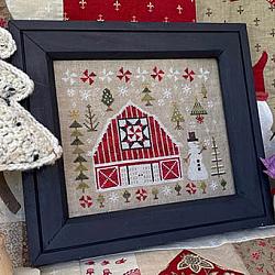 Pansy Patch Quilts and Stitchery - Winter Quilt Barn-Pansy Patch Quilts and Stitchery - Winter Quilt Barn, snowman, barn, trees, winter, snowflakes, cross stitch 