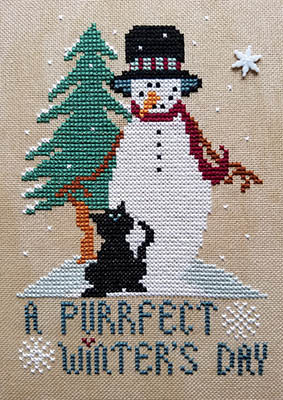 Val's Stuff - A Purrfect Winter's Day-Vals Stuff - A Purrfect Winters Day, snowman, snowflakes, black cat, pine tree, winter, cross stitch