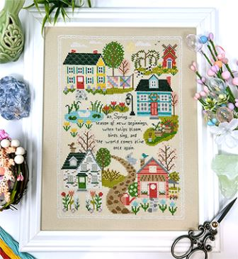 Tiny Modernist - Spring Traditions Sampler-Tiny Modernist - Spring Traditions Sampler, houses, neighborhood, cross stitch, flowers, 