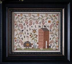 Plum Street Samplers - Tomato Sampler-Plum Street Samplers - Tomato Sampler,  alphabet, tall house, lady, cat, crow, Nashville release, cross stitch, tomato vines, 